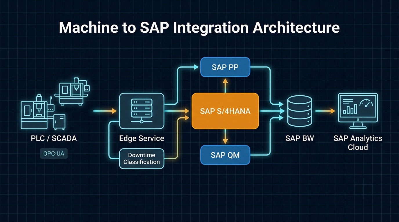 SAP OEE entegrasyon mimarisi: PLC, OPC-UA, edge katmanı, SAP PP ve SAP Analytics Cloud