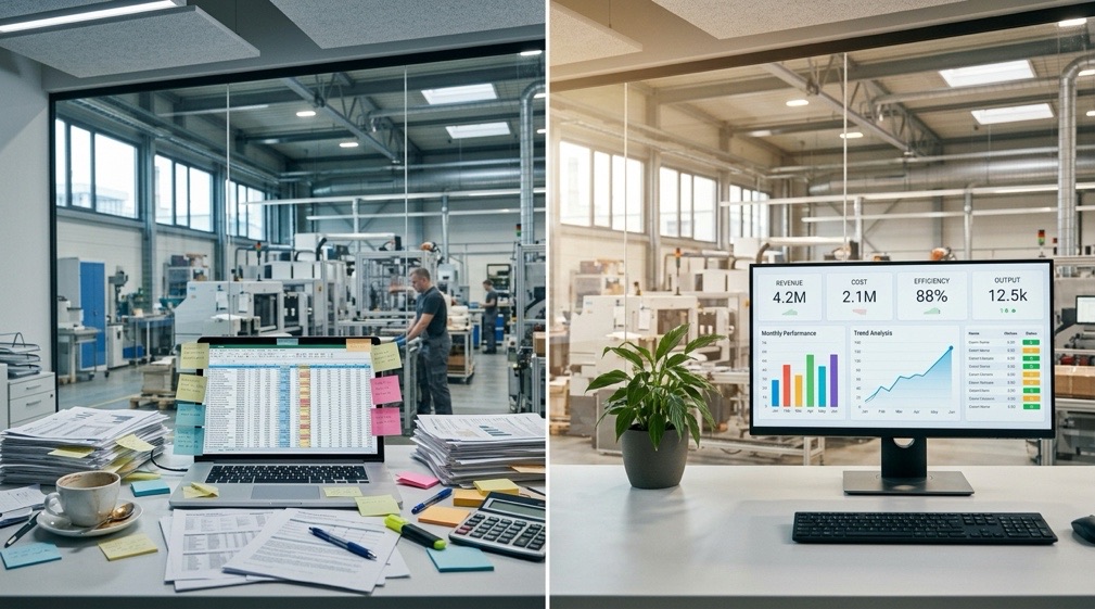 SCADA ve SAP verisinin elle Excel'e aktarıldığı eski yöntem ile yönetilen Power BI panosunun öncesi–sonrası karşılaştırması