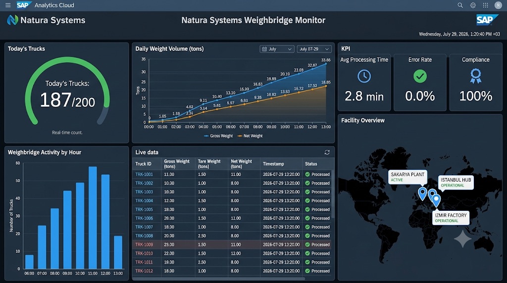 Gerçek zamanlı kamyon tartım verilerini gösteren SAP Analytics Cloud panosu